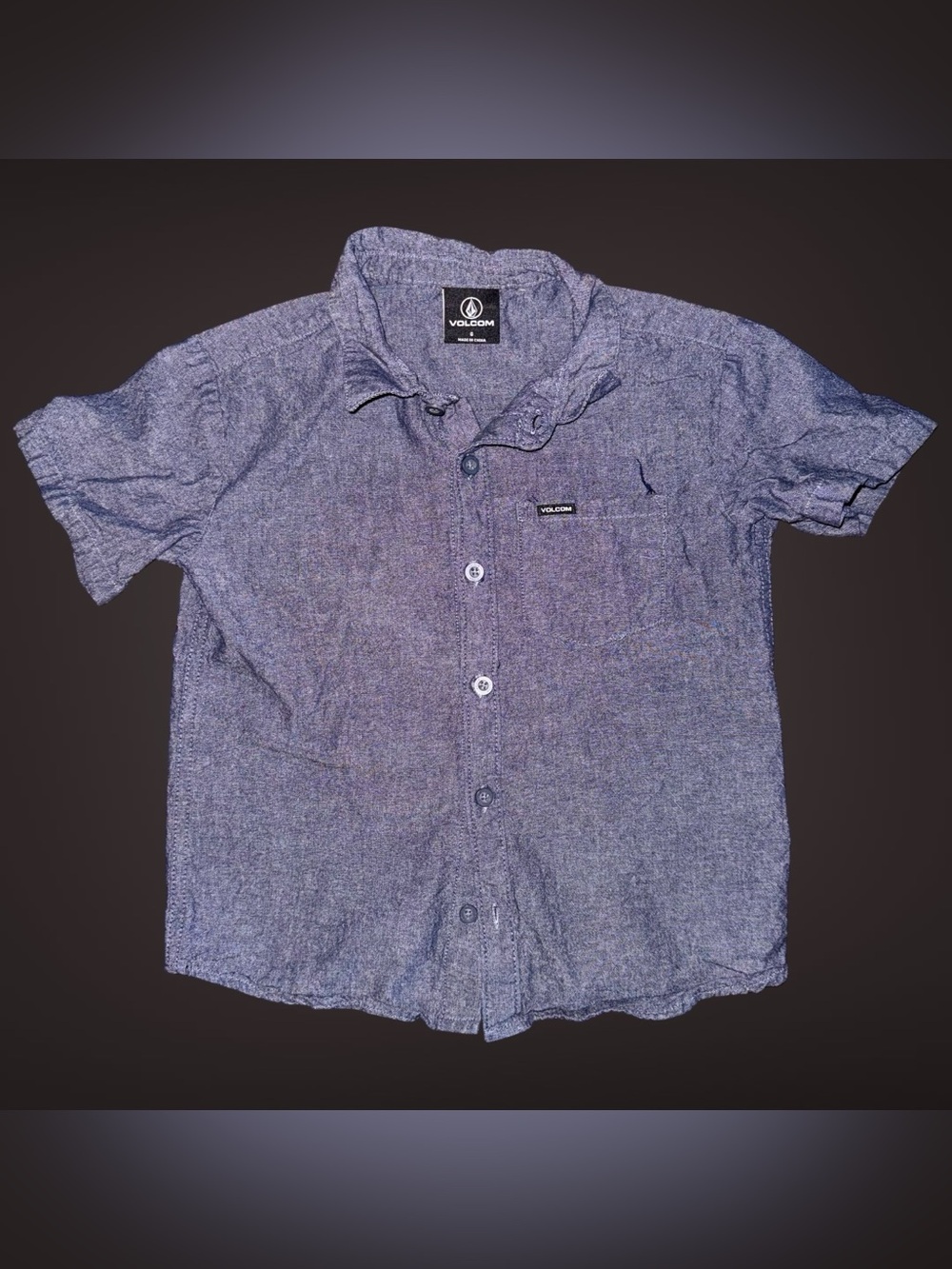 Volcom Youth Boys Size 6 Blue Short Sleeve Button Down Chambray Woven Shirt